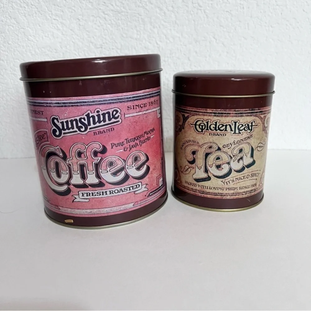 Vintage Coffee & Tea Tin Canisters with Lids Set of 2